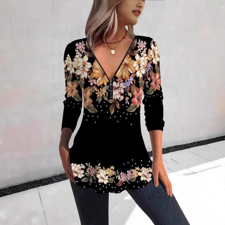 Damebluse med blomsterdesign og V-udskæring Stilla