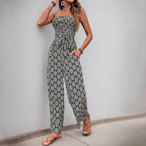 Dame hverdag jumpsuit med elastisk overdel og modigt mønster Stilla