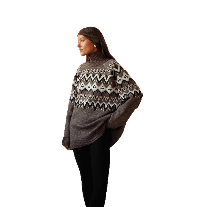 Kvinders chunky strik sweater med høj krave og geometrisk mønster Stilla