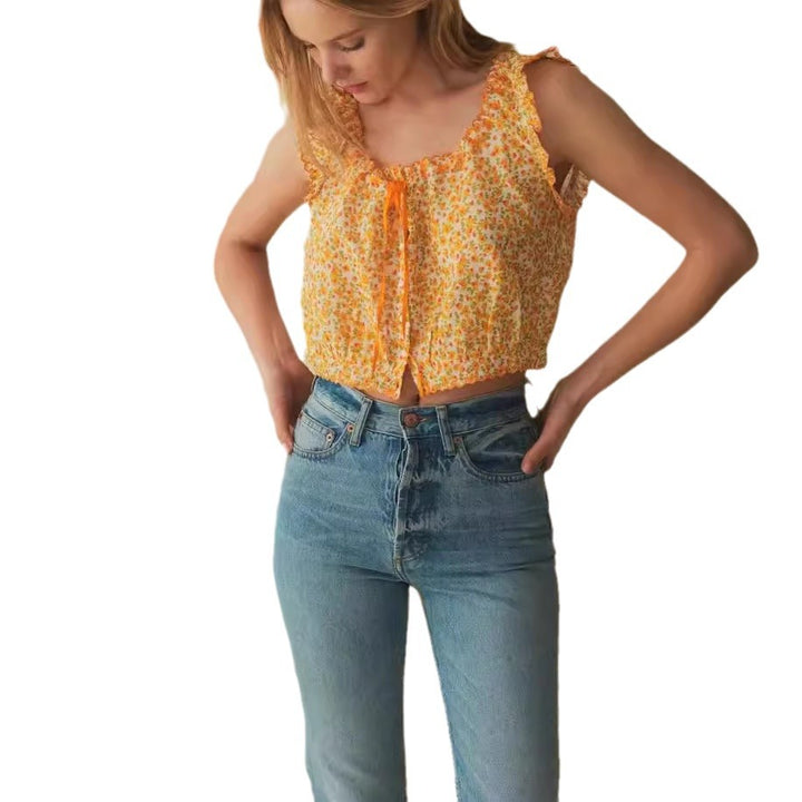 Dame Crop-Top med legesyge flæsedetaljer og blomstret design Stilla