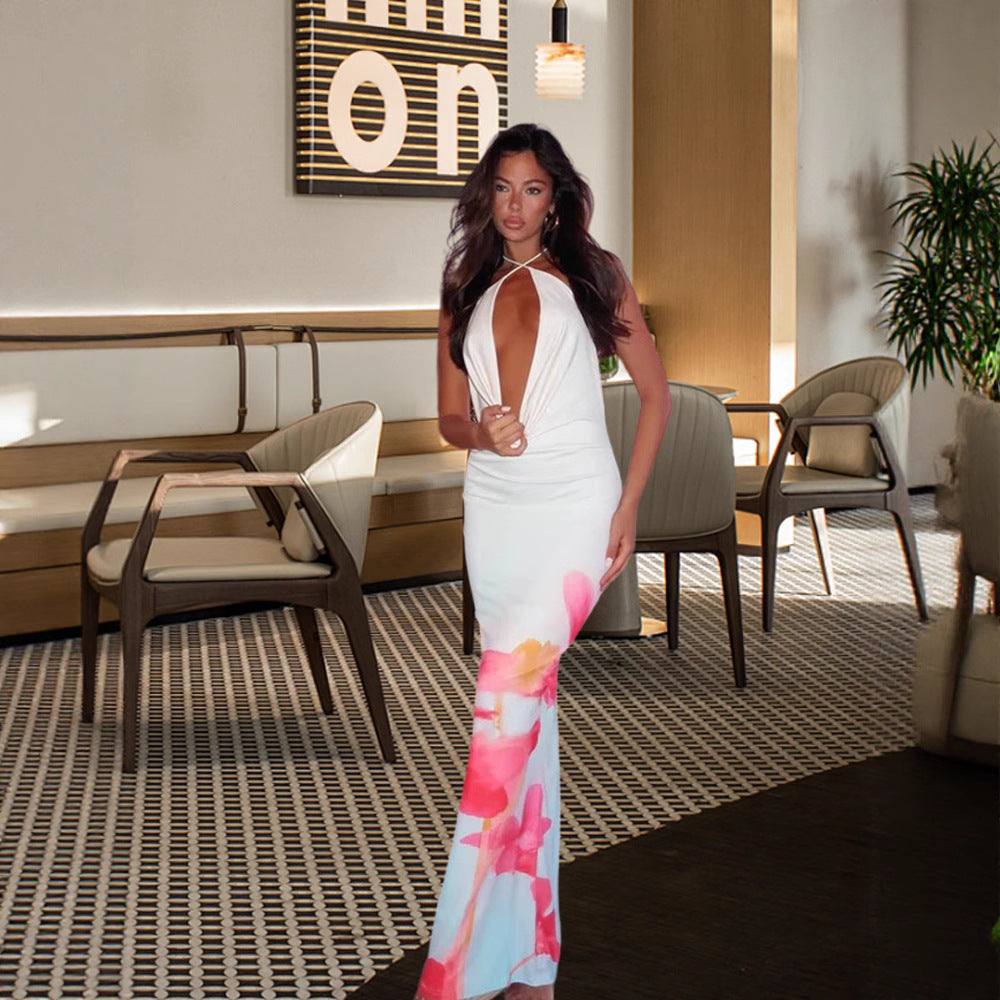 Damer Elegant Maxi Kjole med Dyb V-Hals og Blomstret Print Design Skovae