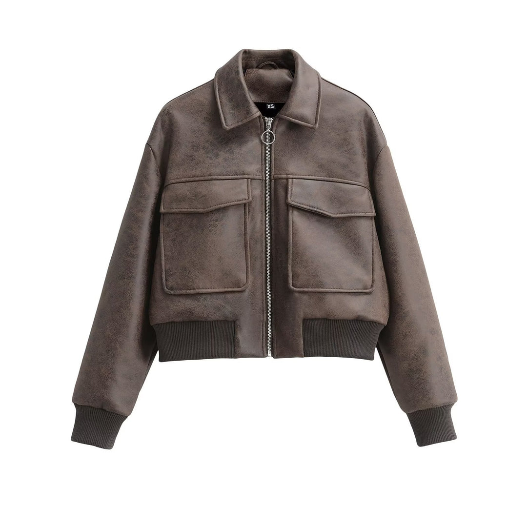 Kvinder cropped faux læderjakke med patchlommer Stilla