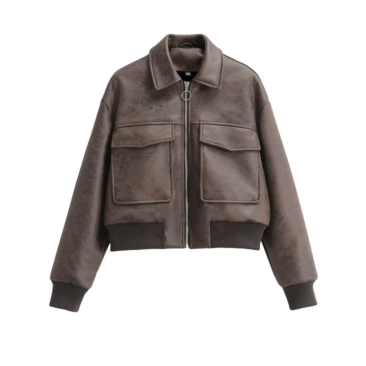 Kvinder cropped faux læderjakke med patchlommer Stilla