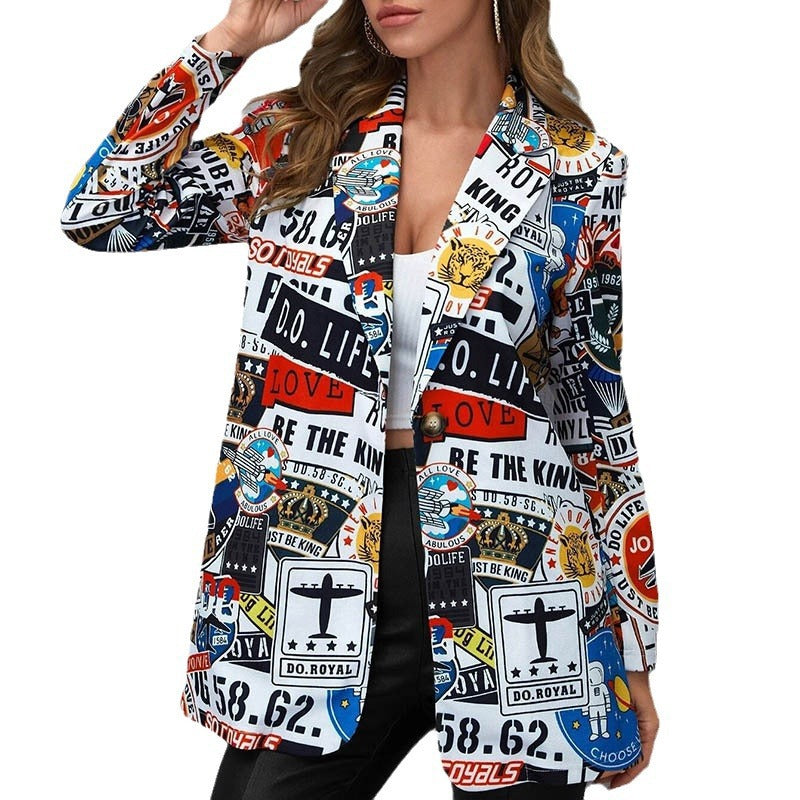 Dame Fashion Blazerjakke med spændende comic-design og afslappet snit Stilla