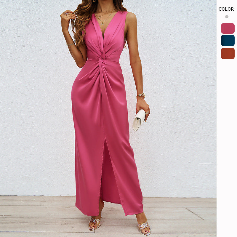 Dame Elegant Maxi Kjole med Sofistikeret Rynket Udhulning og Sideslids Stilla