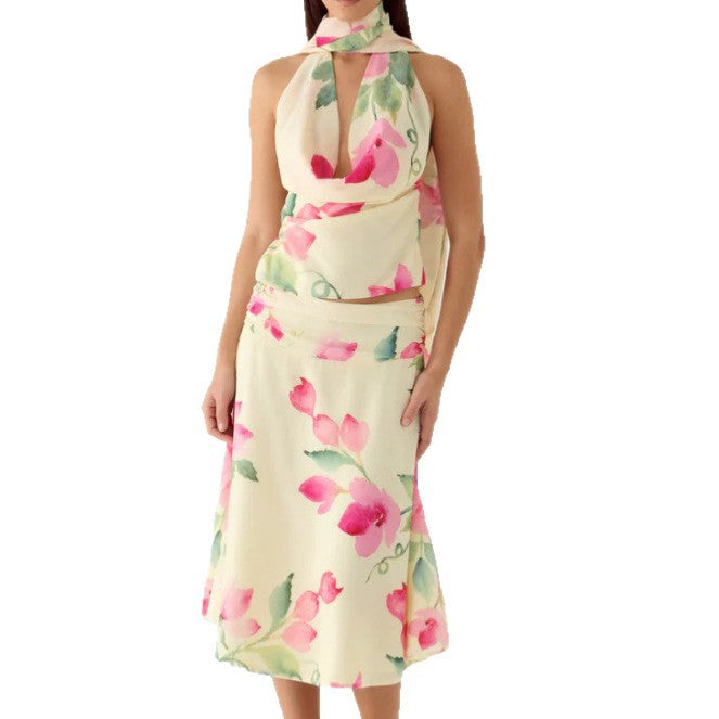Damer Elegant chiffon-top med blomsterkrave og dyb udskæring Skovae
