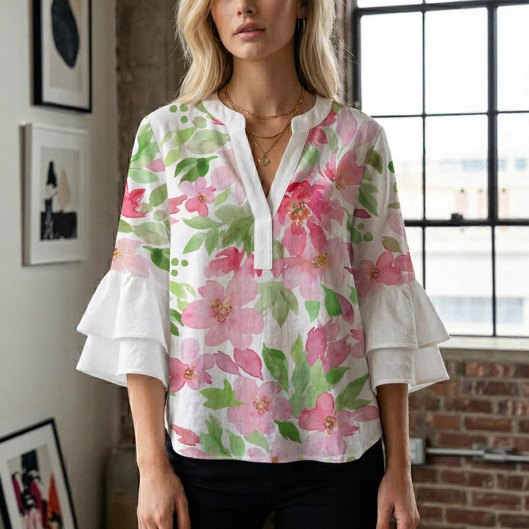 Damebluse med voluminøse rynkede ærmer og blomstertryk Skovae
