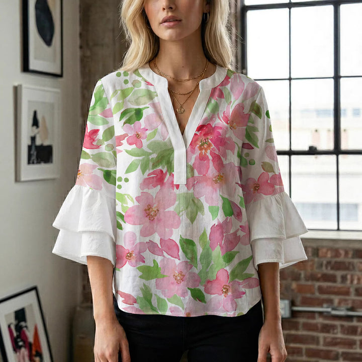 Damebluse med voluminøse rynkede ærmer og blomstertryk Skovae