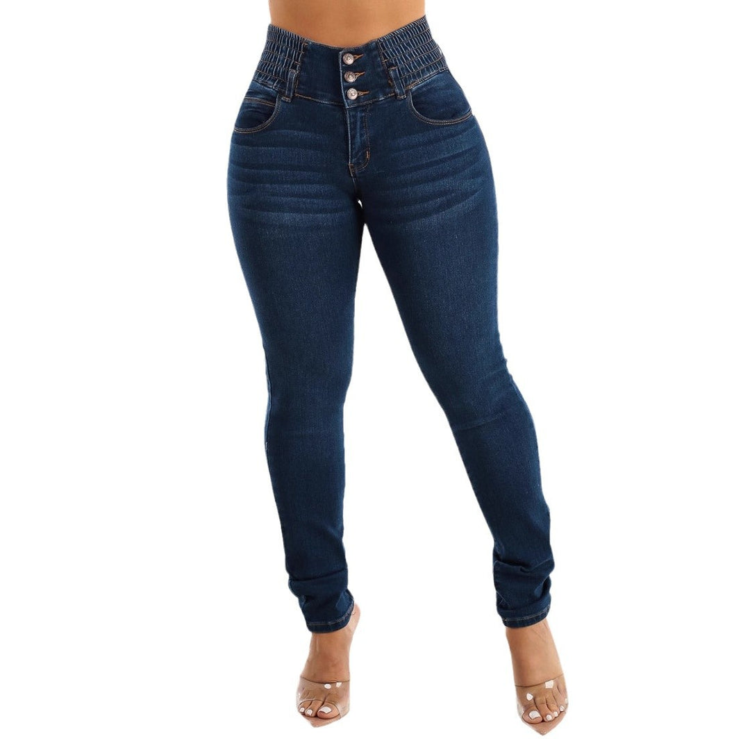 Dame Højtaljede Skinny Jeans med elastisk talje og knapdetaljer Stilla