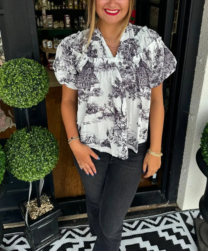 Damer Vintage Bomuldsbluse med grafisk tryk Stilla