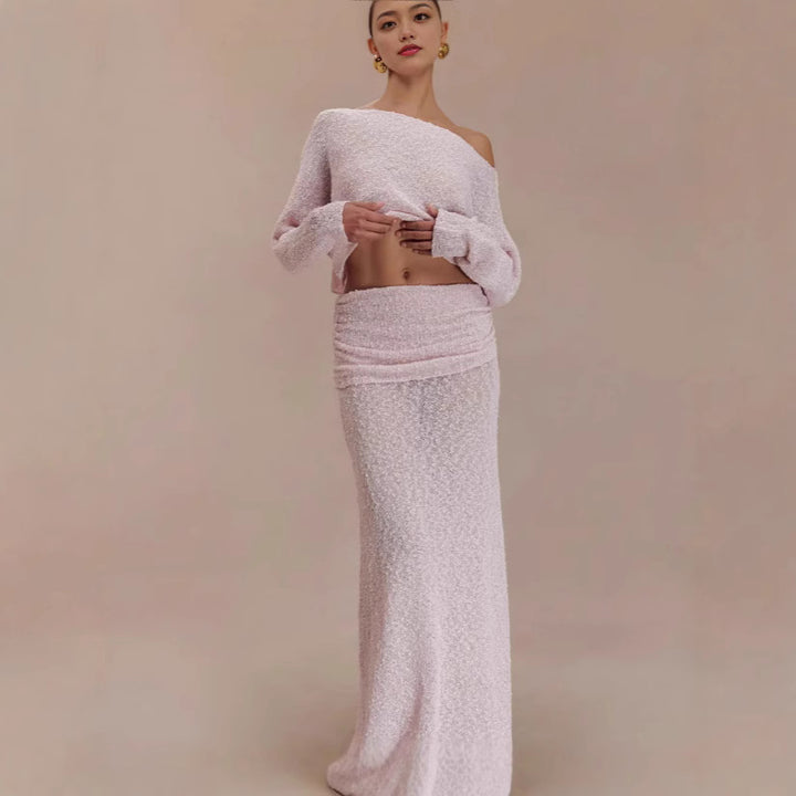 Dame Strik Crop Top og Maxiskørt Sæt med sideløsning og trendy Ribstruktur Stilla