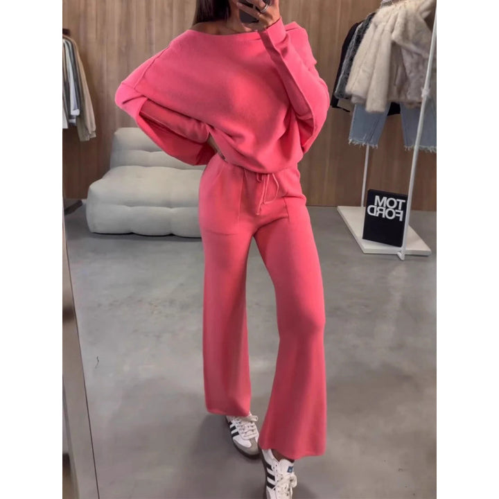 Dame afslappet strik-loungewear-sæt med bredt ben og åben skulder Stilla