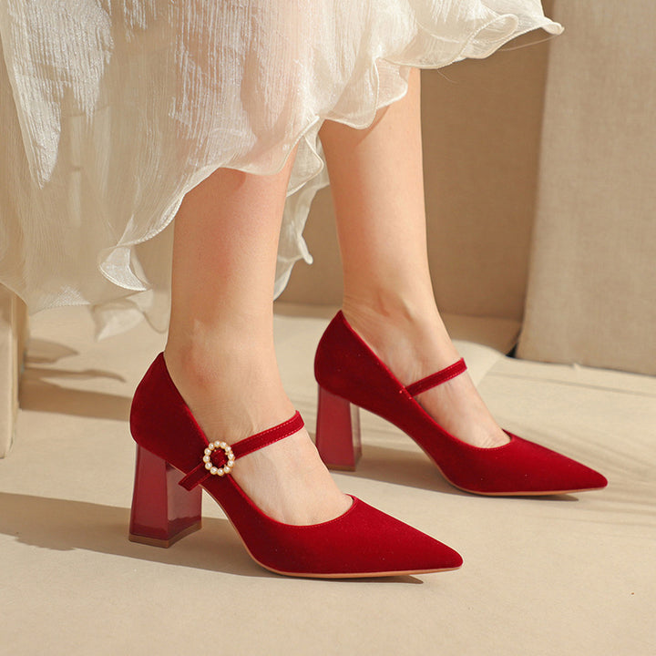Dame elegante spidse hælstuds Mary Jane pumps med perledetaljer Stilla