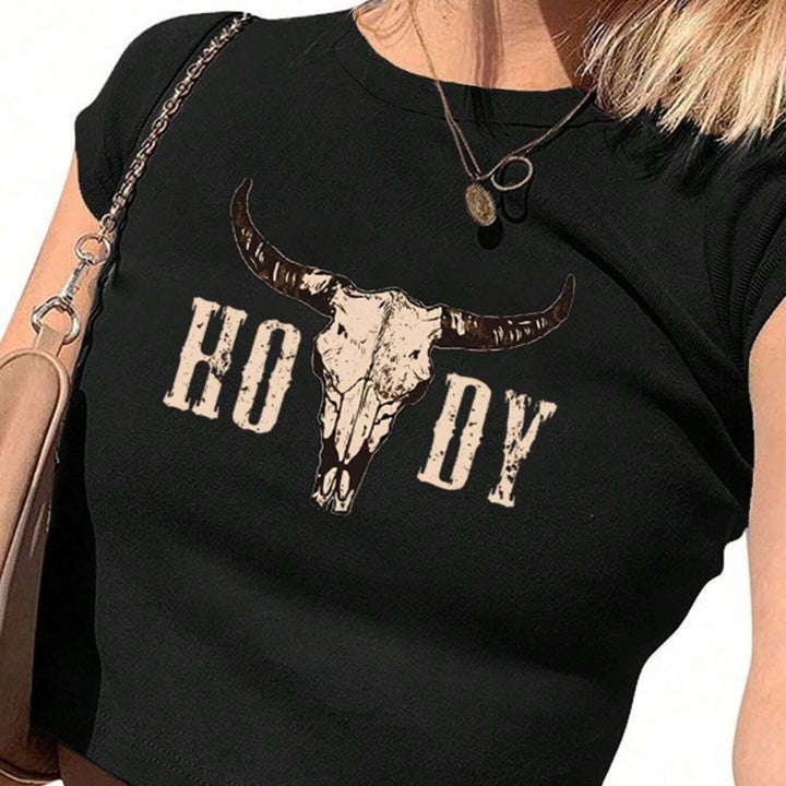 Damer Crop-T-Shirt med kreativt Cow Skull Design Skovae