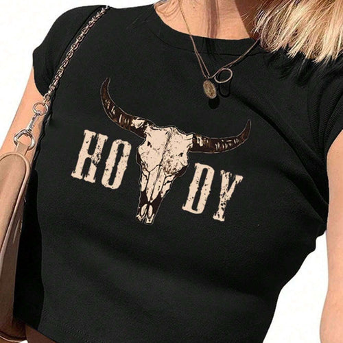 Damer Crop-T-Shirt med kreativt Cow Skull Design Skovae