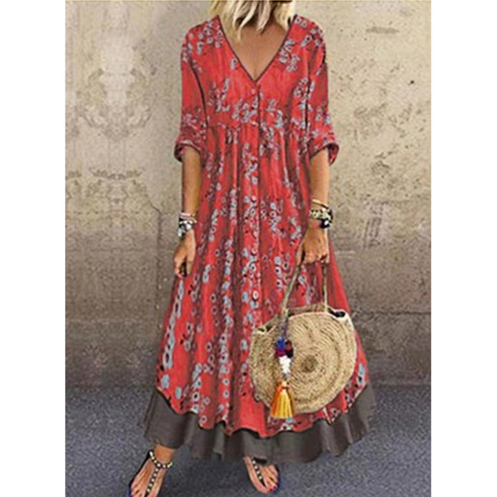 Dame Bohemian Floral Maxi Kjole med V-udskæring og Knapdetaljer Stilla