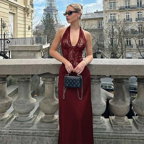 Dame Elegant Maxikjole med dyb V-udskæring og blondedetaljer Skovae