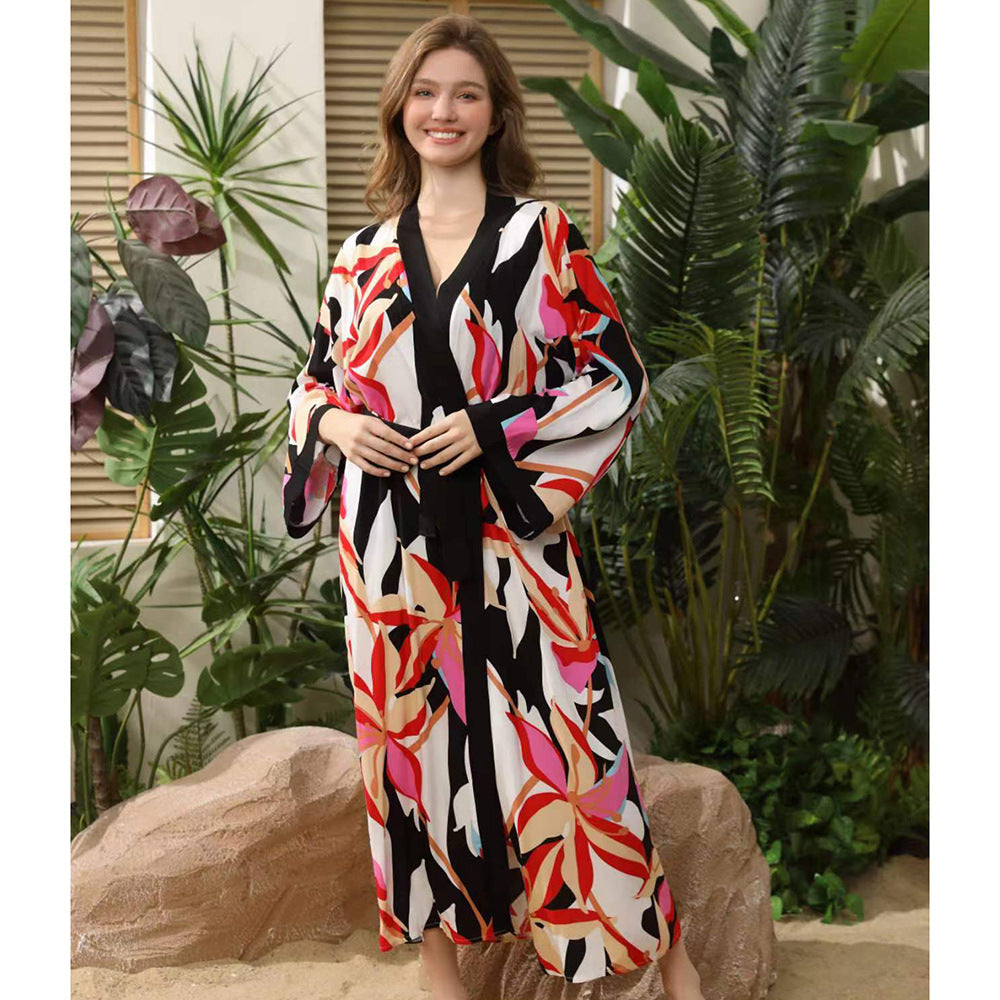 Dame Wellness-Kimono med blomstermønster og bælte Stilla