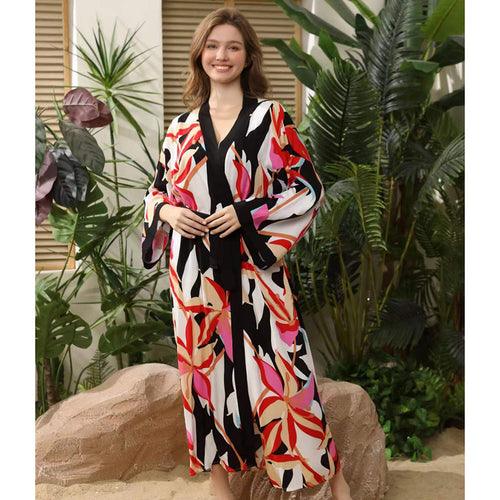 Dame Wellness-Kimono med blomstermønster og bælte Stilla