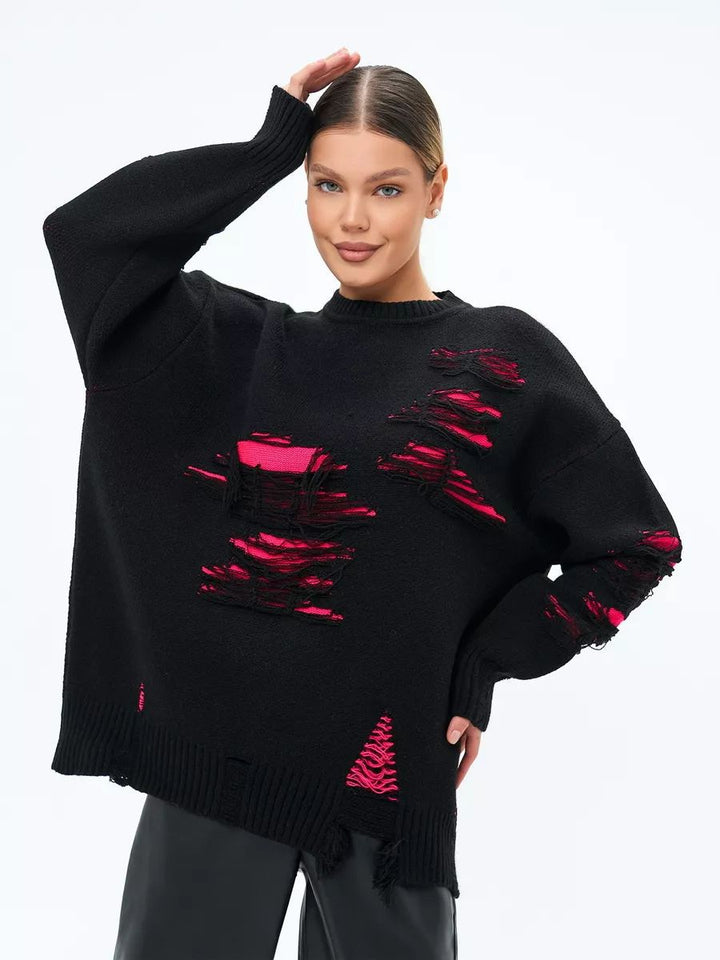 Dame Oversized Strikpullover med moderne Distressed-design og afslappede frynser Stilla