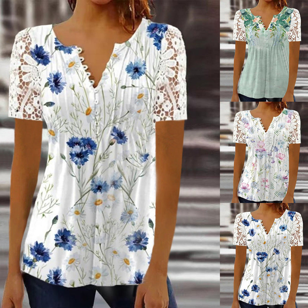 Damebluse med spidse ærmer og blomsterdesign Stilla