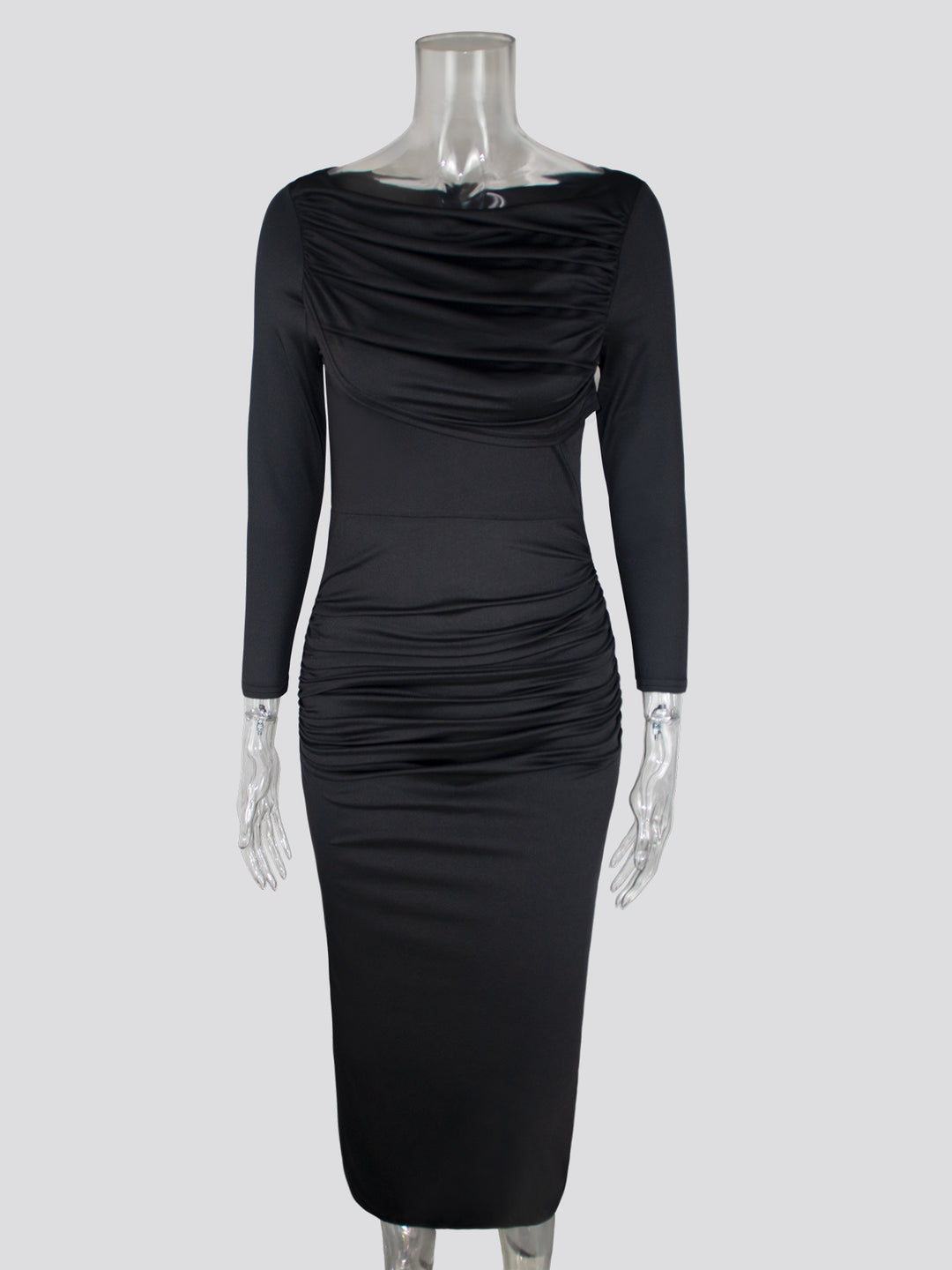 Dame Figursyet Midi-Kjole med elegante Rynkedetaljer og lange Ærmer Stilla