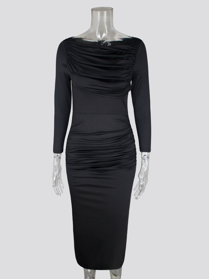 Dame Figursyet Midi-Kjole med elegante Rynkedetaljer og lange Ærmer Stilla