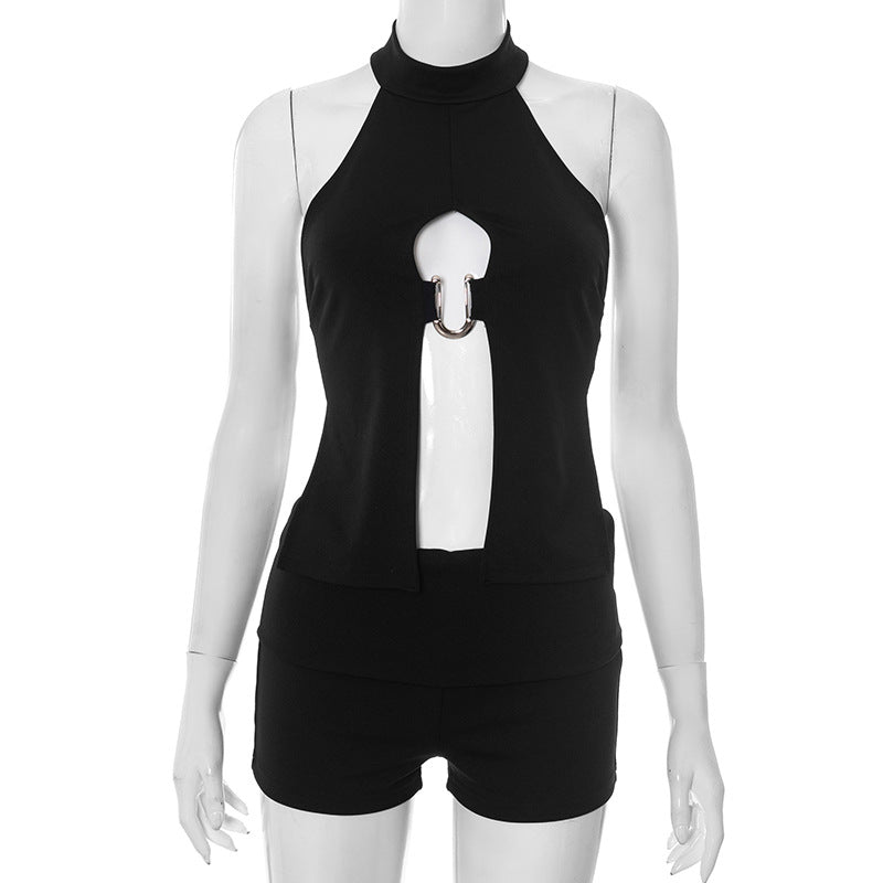 Dame Mode Neckholder Top med smart Cut-Out og dekorationer Stilla