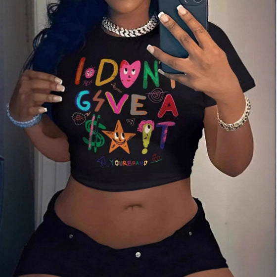 Dame Crop-T-Shirt med kreativt udtryksdesign Skovae