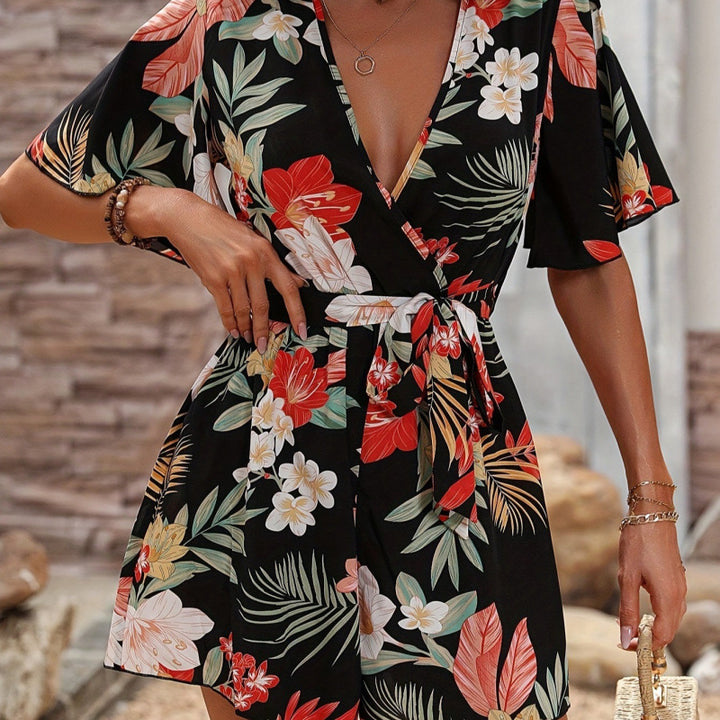 Dame Floral Print Wrap-Romper med bælte Stilla
