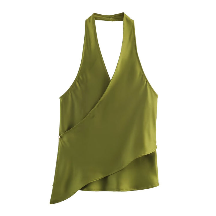 Damer elegant haltertop med asymmetrisk snit og skinnende satin finish Skovae