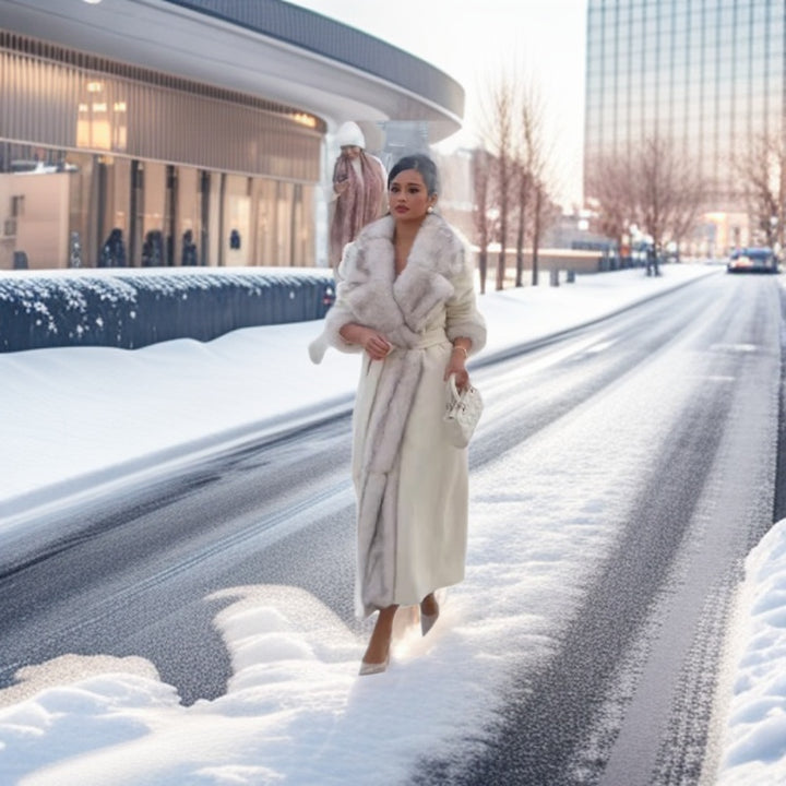 Damer Elegant Fleece Frakke med Bælte og Trendy Slå Stilla