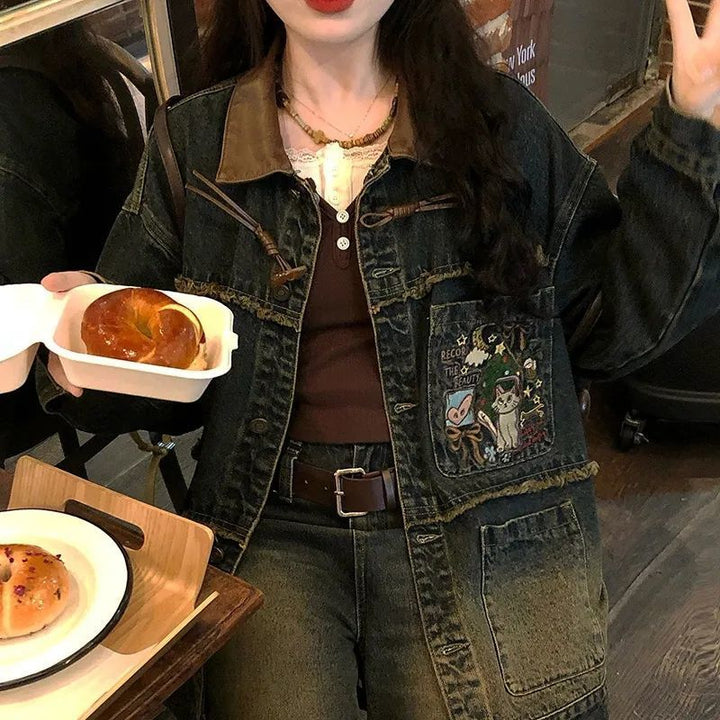 Kvinder Casual Denimjakke med Unikke Broderimønstre Stilla