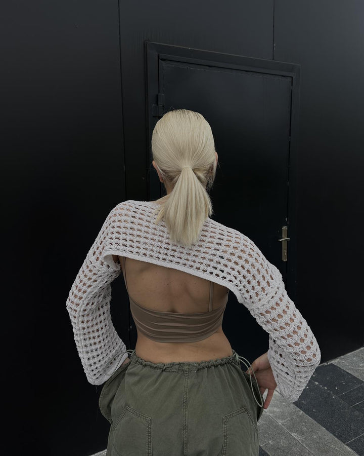 Dame hæklede Crop-Top med elegant åbent design og lange ærmer Skovae