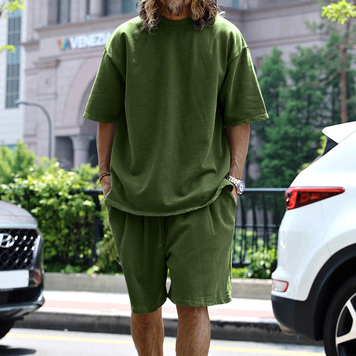 Herren nan oversized loungewear-sæt med boxy-shirt snorebund-bukser og blødt bomuldsblanding skovae