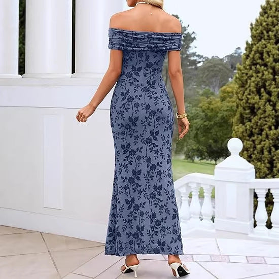 Dame elegant off-shoulder maxikjole med blomsterprint og elastisk indlæg Skovae
