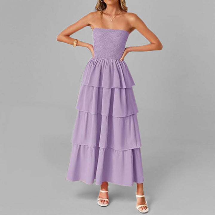 Dame Lang Rynketkjole med off-shoulder design og elastisk overdel Stilla
