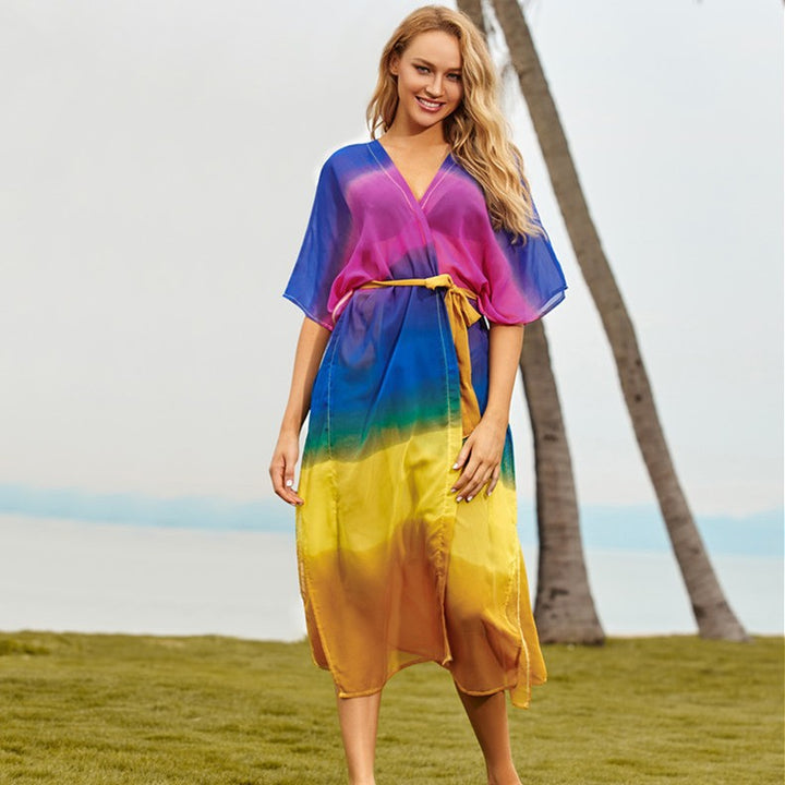 Dame gennemsigtig strandkimono med farverig gradient og attraktive ærmer Stilla