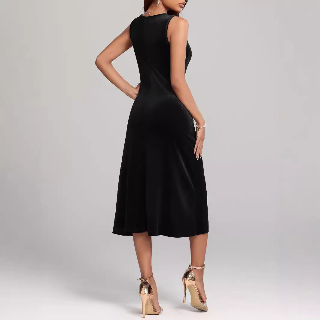 Dame elegant Midi-kjole med svajende skirt og rund halsudskæring Stilla