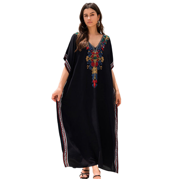 Dame lang kaftan kjole med detaljeret farverig broderi Stilla