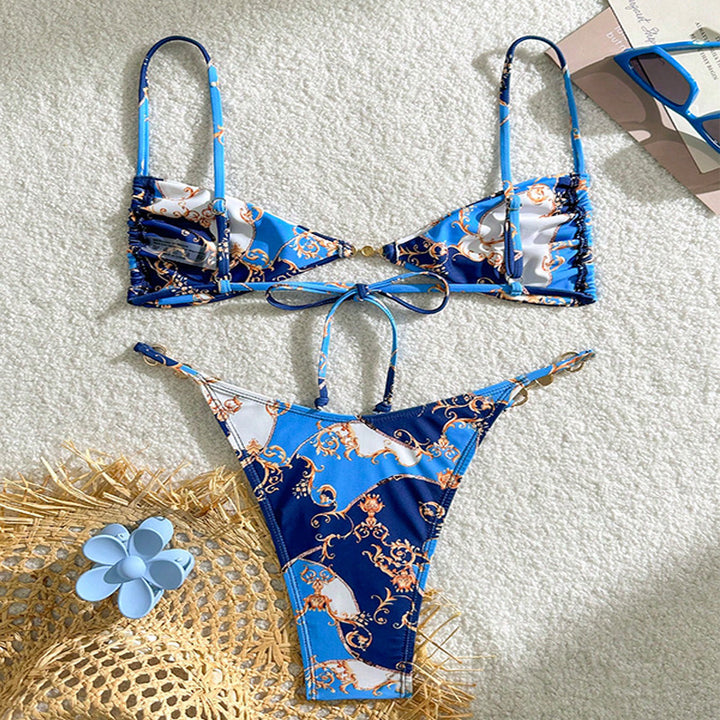 Dame triangel-bikini med elegant blomster mønster og justerbare stropper Skovae