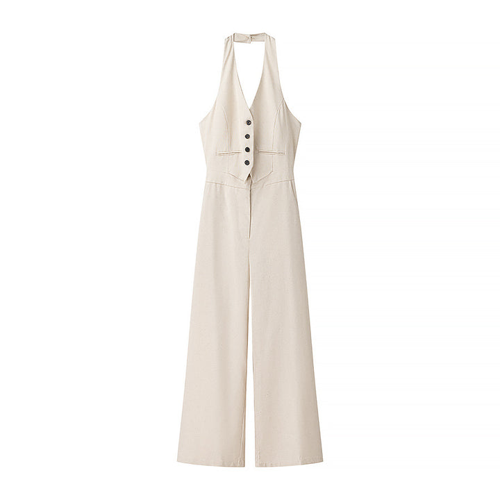 Femme Målsyet Halterneck Jumpsuit med Knapdetaljer Stilla