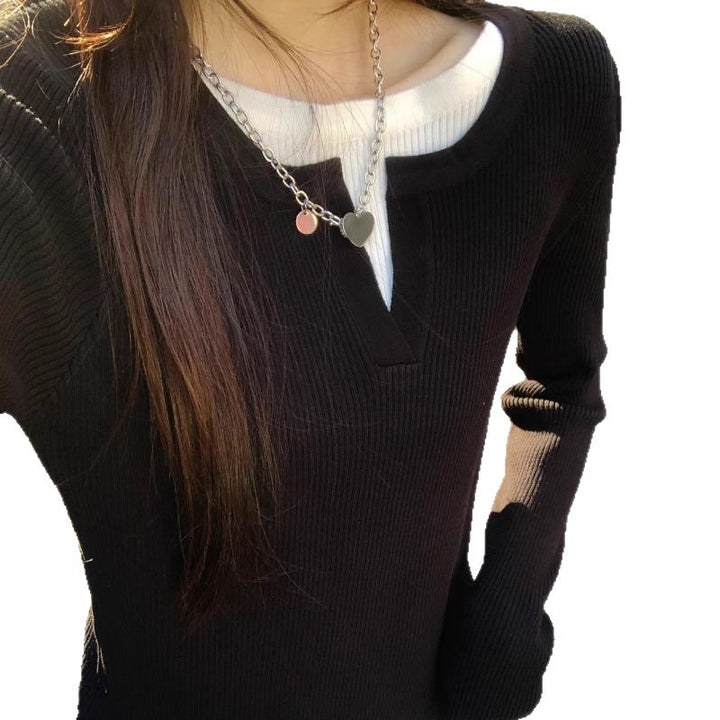Dame fint strikket pullover med V-hals og ribstruktur Stilla