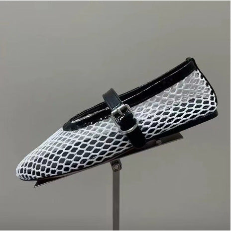 Femme Elegante Mesh Ballerina Flats med dekorativ rem Stilla