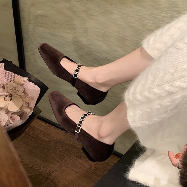 Dame Elegant Quadrat-Tå Mary Jane Ballerina med dekorativ kædhedetail Stilla
