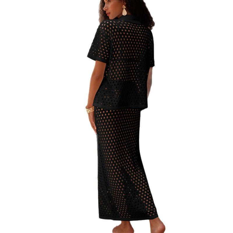 Dame hæklede strandensemble med gennembrudt design og elegante knapdetaljer Stilla