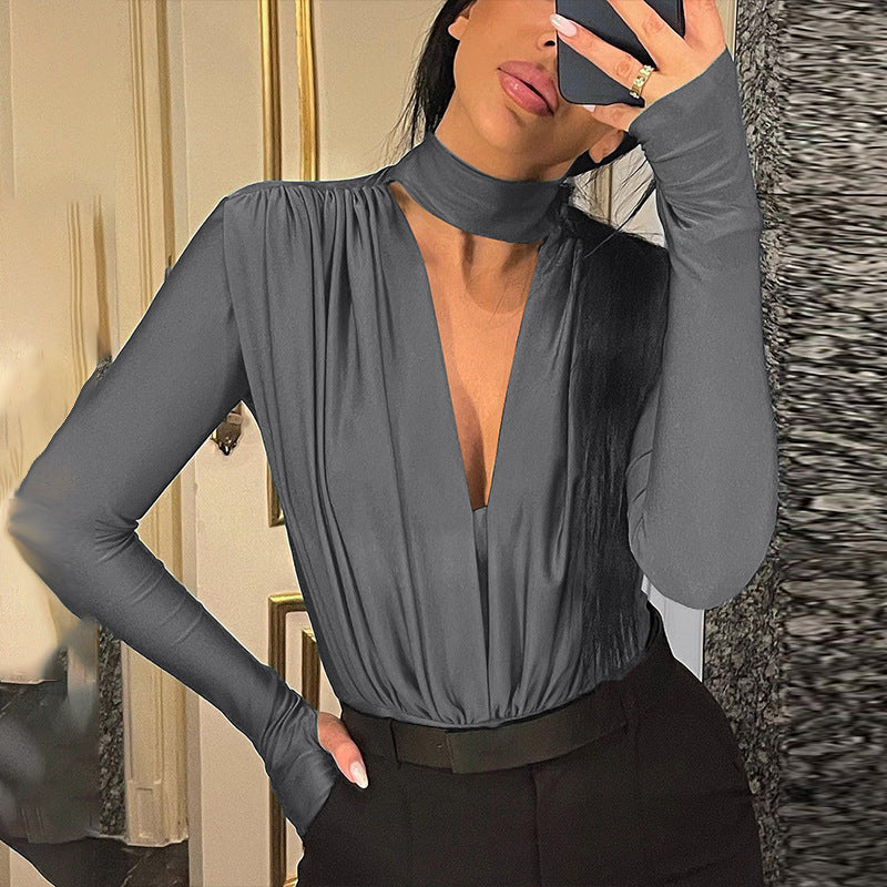 Dame Elegant Bodysuit med dyb V-udskæring og lange ærmer Stilla