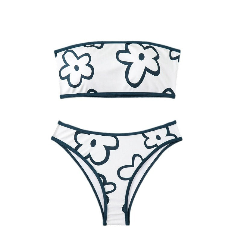 Dame bandeau-bikini med blomstermønster og høj skæring Skovae