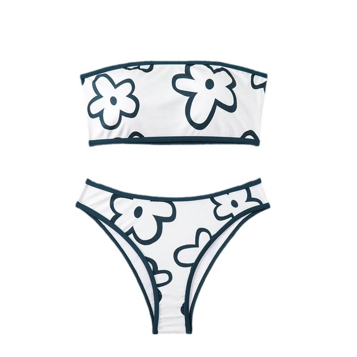 Dame bandeau-bikini med blomstermønster og høj skæring Skovae