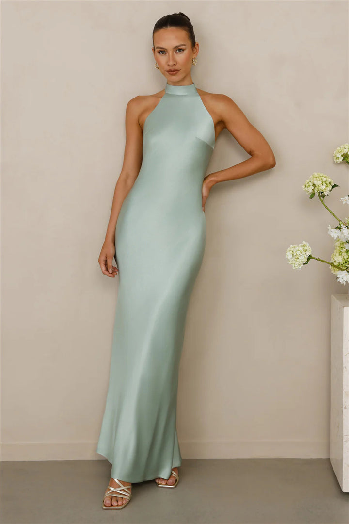 Damer Elegant Satin Maxi Kjole med Høj Krave og Tætsiddende Pasform Skovae